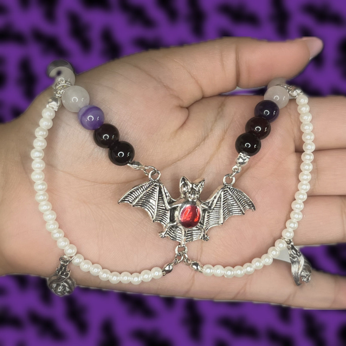 Gothic Bat Natural and Glass Beaded Charm Choker